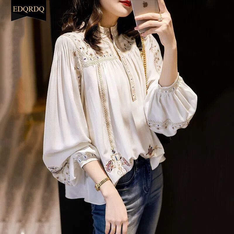 EDQRDQ Floral Bohemian Tops Muslim O Neck Puff Sleeve Elegant Blouses for Women