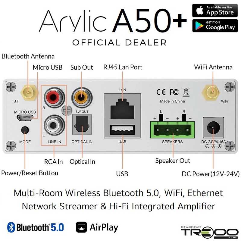 Arylic A50+ Multi-Room Wireless Bluetooth/WiFi/Ethernet Network Streamer, USB DAC & Hi-Fi Integrated Amplifier