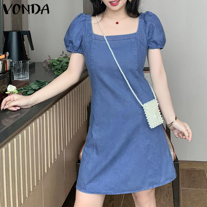 Forevercan VONDA Women Fashion Short Sleeve Holiday Party Denim Dress