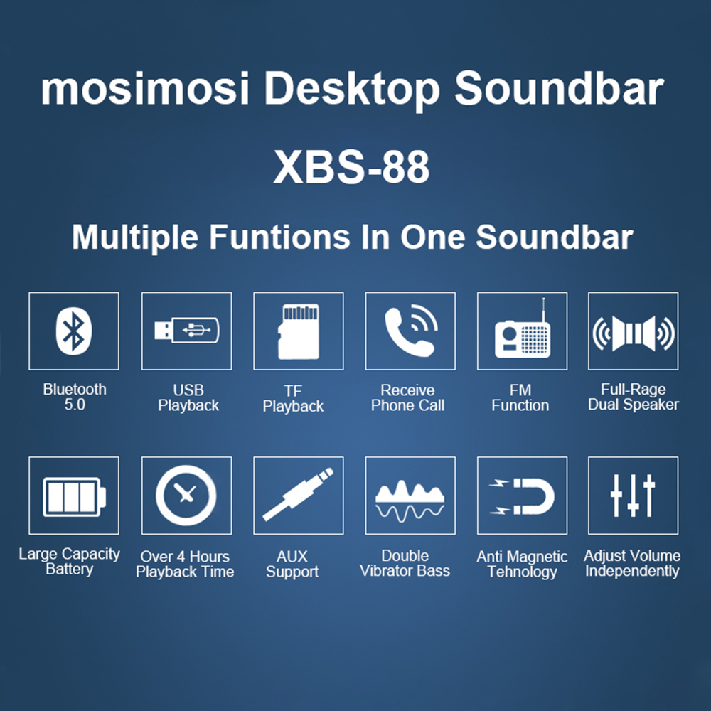 mosimosi New Desktop Soundbar XBS-88 / Bluetooth 5.0 / 10W Full Power Sound Bass Bluetooth 5.0 / Local Warranty