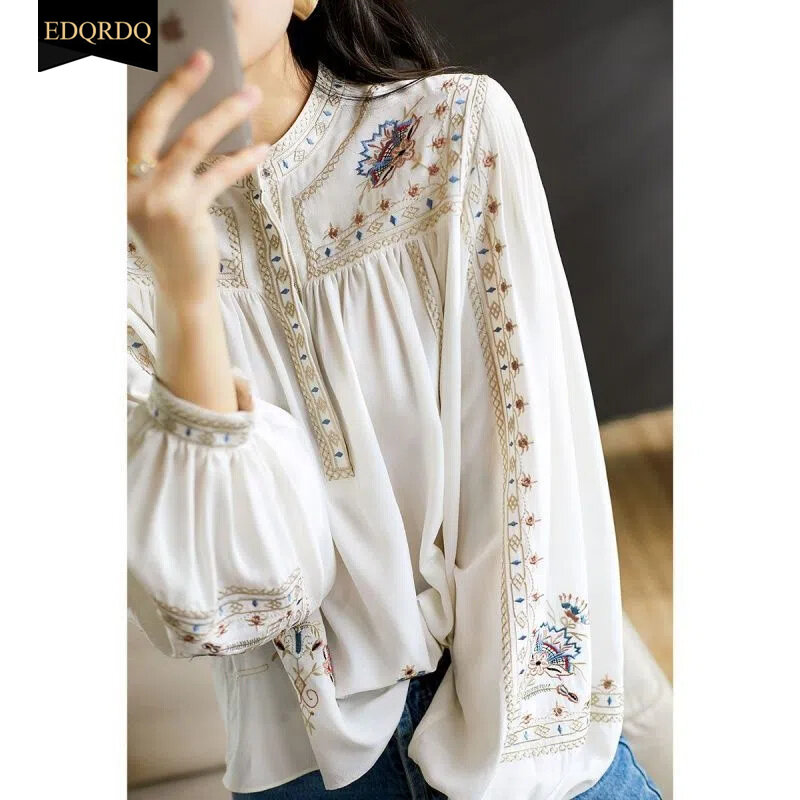 EDQRDQ Floral Bohemian Tops Muslim O Neck Puff Sleeve Elegant Blouses for Women
