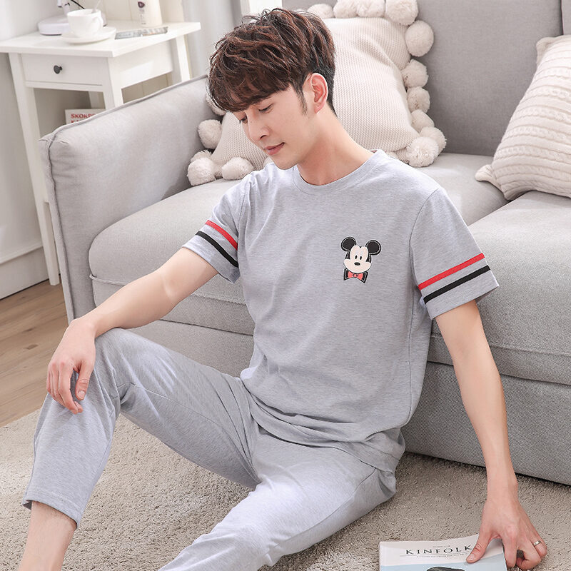 Good Goods Men's Pajamas Summer Cotton Thin Pajamas Men's Summer Short-Sleeved Trousers Purple Non-Pilling Spring Homewear