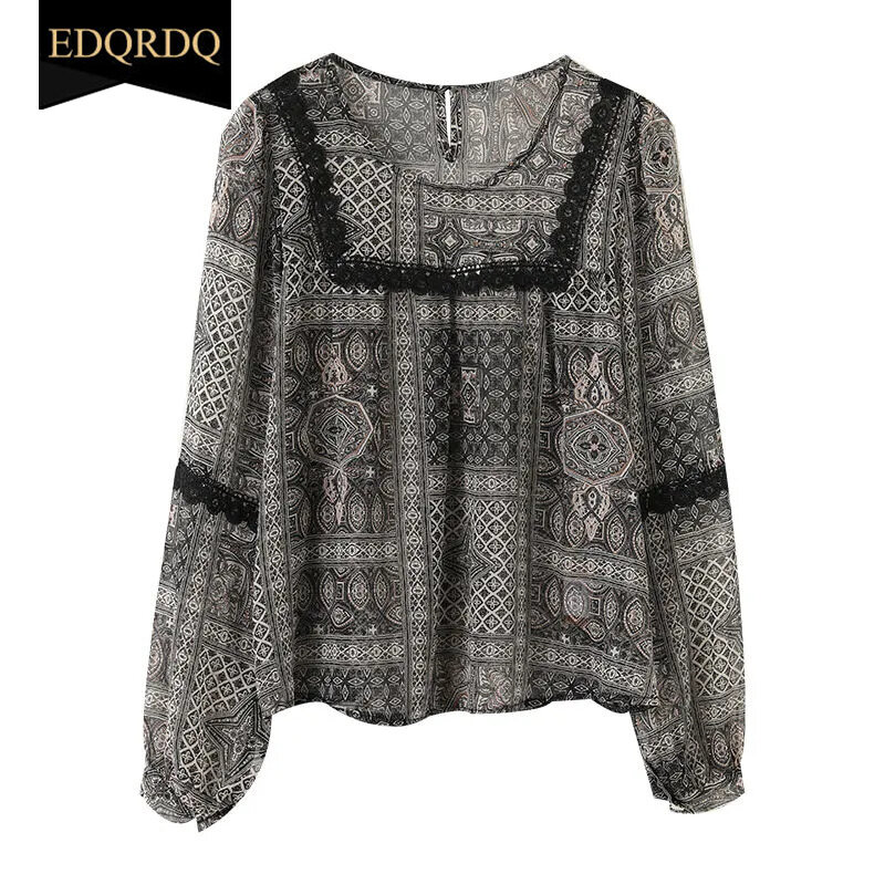 EDQRDQ Floral Chiffon Blouses Plus Size Loose Lace Joint Ladies Shirts Tops