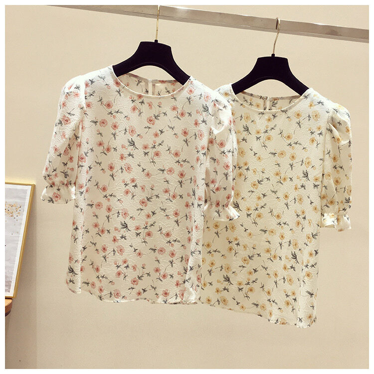 AFEG Korean round neck fashion loose wild floral chiffon short sleeve blouse for women