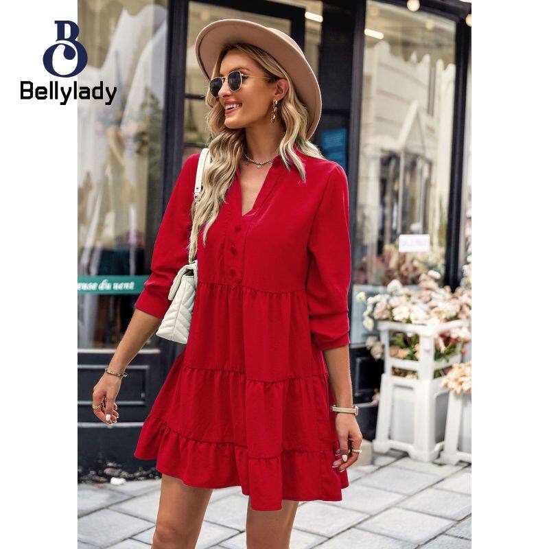 BellyLady Women V-neck Dress Solid Color Long Sleeves Pullover A-line Skirt Casual Ruffled Pleated Dress