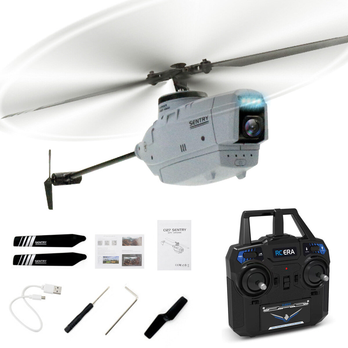 RC ERA C127 RC Helicopters 2.4G 4CH 6-Axis Gyro Altitude Hold Optical Flow Localization Flybarless RTF Sentry Helicopters With 720P Camera Drones Mode 2