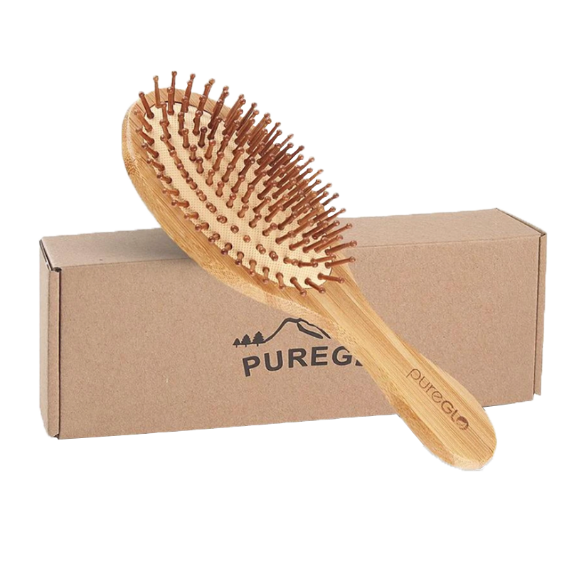 PureGLO Natural Wooden Oval Massage Bamboo paddle Hair Brush For Women And Men With Gift Box pet catmi comb dog hair comb