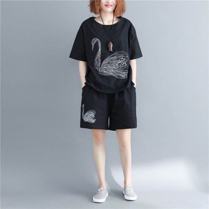 2021summer Fat Women's Sportswear Short-Sleeved Shorts New Embroidered Loose Large Size Slimming for Plump Girls Two-piece Set
