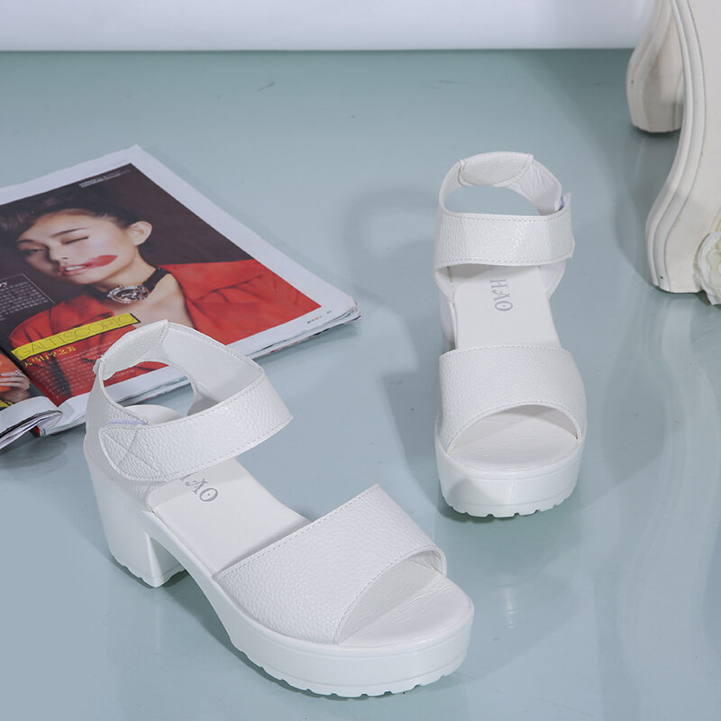Summer Waterproof Platform 2021 New White Chunky Heel High Heel Large Size Women's Sandals Thick Bottom Velcro Fish Mouth Comfortable Shoes