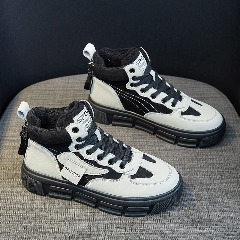 High-Top Cotton-padded Shoes Women's Winter Fleece-Lined 2021 New All-Match Genuine Leather Platform Sneakers Elevator Dad Shoes White Shoes