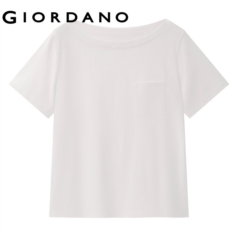 GIORDANO Women T-Shirts Short Sleeve Single Patch Pocket T-Shirts 100% Cotton Boat Neck Casual Basic Summer T-Shirts 13322204
