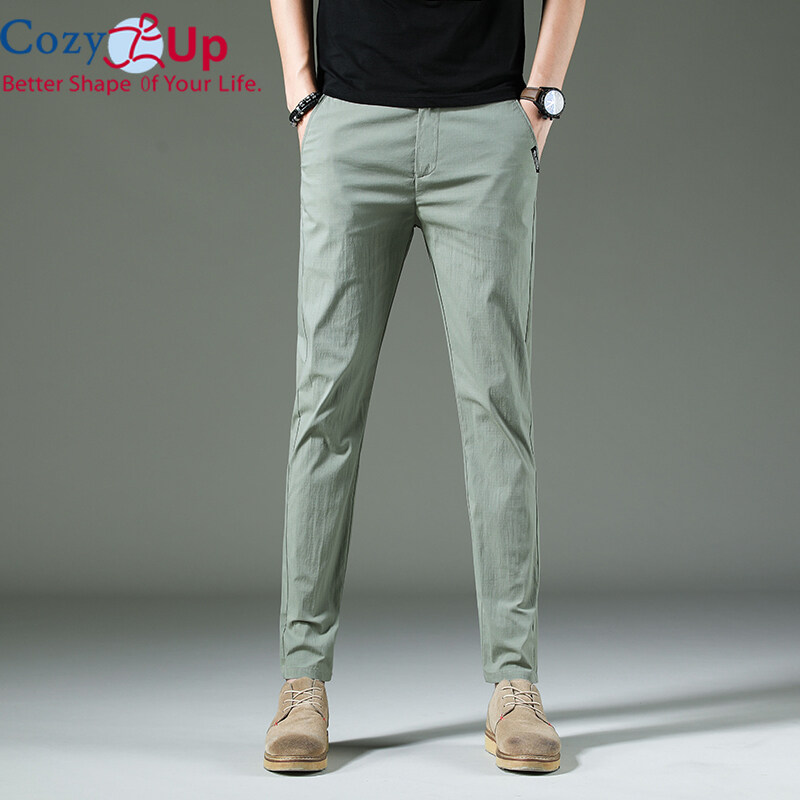 Cozy Up Men Long Trousers Solid Color Casual Straight Cotton Blended Soft Slim Fit