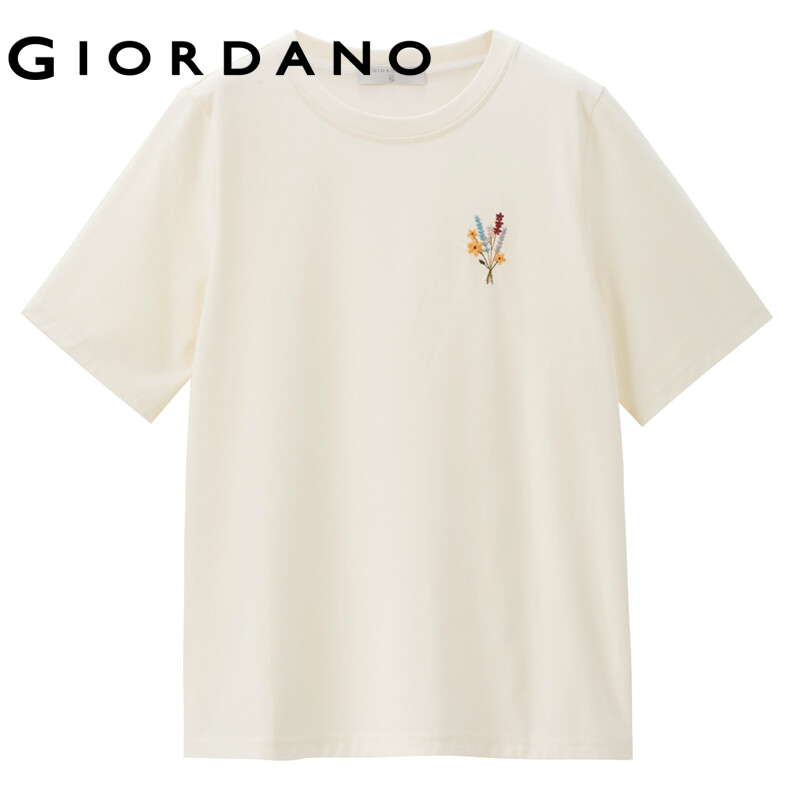 GIORDANO Women T-Shirts Crewneck Short Sleeve Summer Relaxed Tee Flowers Embroidery Simple Basic Casual Comfy T-Shirts 18322607