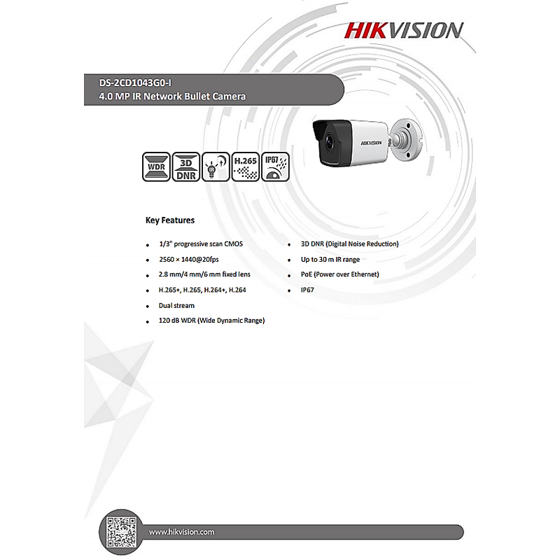 Hikvision 4MP IR Network Bullet PoE IP Camera (2.8mm) DS-2CD1043G0-I