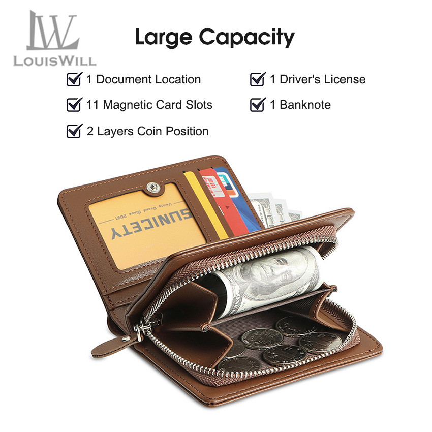 Louiswill Wallets Mens Zipper Wallets Leather Original Wallet Korean Men PU Leather Money Wallet Bifold Pocket Purse for Men Business
